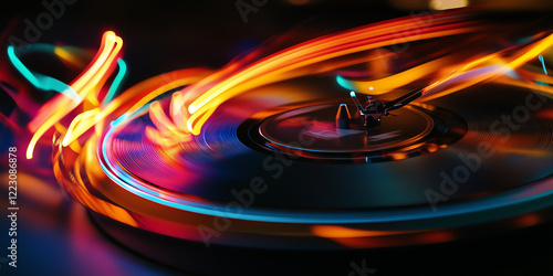 Vinyl record on a turn table with dramatic vibrate light. photo