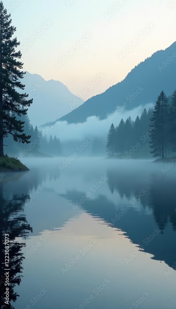 Fototapeta premium misty lake fog rises slowly from water surface, water, lake