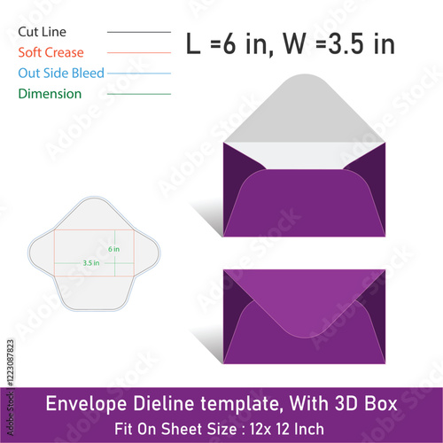 Envelope Size 6 x 3.5 in, Dieline template, With 3D Box, Vector File