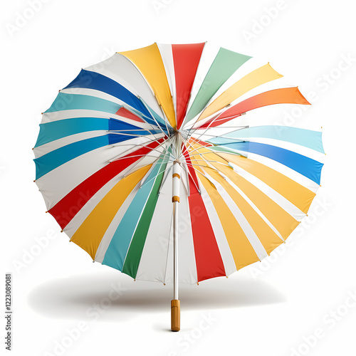 A colorful striped beach umbrella, isolated on a transparent or white background 