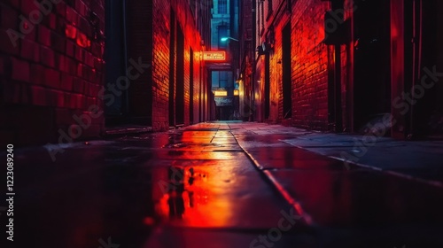 mysterious urban alley with neon reflections and shadows, cinematic and detailed, focus on atmosphere and storytelling