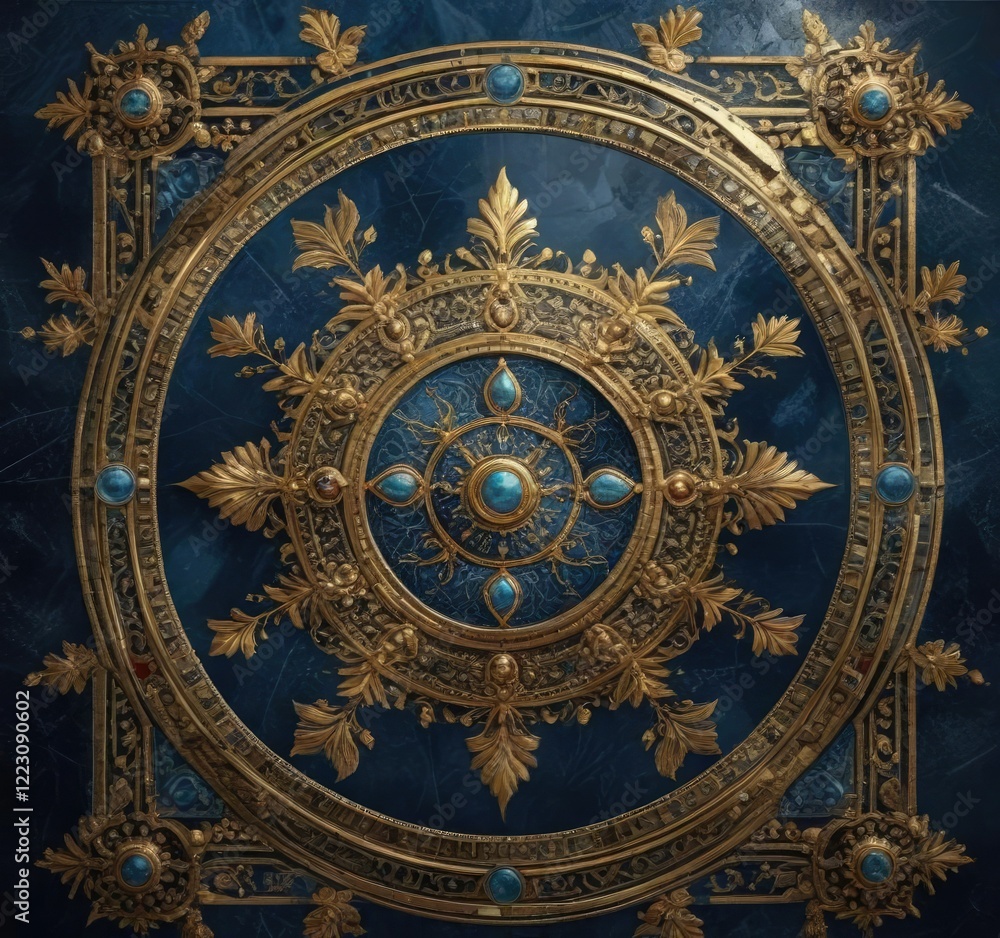 Obraz premium Ancient Byzantine mosaic with gold leaf and precious gems on a dark blue background, temple, glittering, luxury
