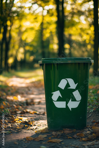 Green trash can garbage close up with recycle logo icon on, against natural park background