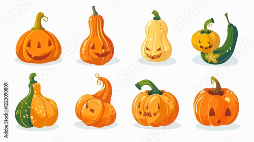 Vibrant Cartoon Squash and Pumpkin Gourd. Fresh Organic Vegetable Harvest Concept