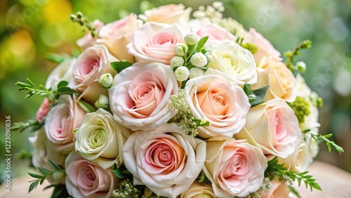 Elegant pink and white rose wedding bouquet with lush greenery, subtle peach undertones and soft textures, garden fresh, feminine beauty