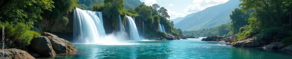 misty waterfalls cascading into a crystal clear pool, clouds, forest misty waterfalls cascading into a crystal clear pool, clouds, forest