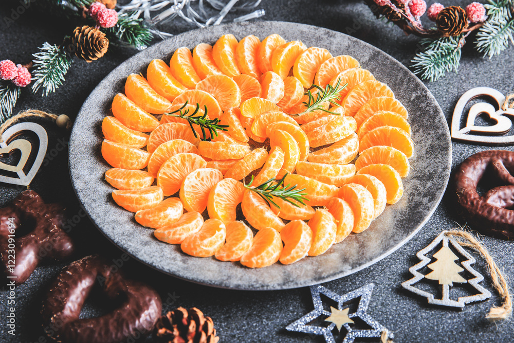 plate of clementine wedges arranged in a circle with christmas decoration