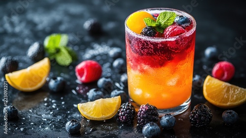 Colorful layered drink garnished with fresh berries and mint lea