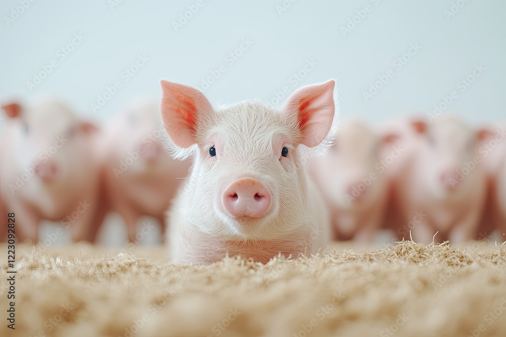 A close-up of a curious piglet lying on straw with other pigs blurred in the background A close-up of a curious piglet lying on straw with other pigs blurred in the background