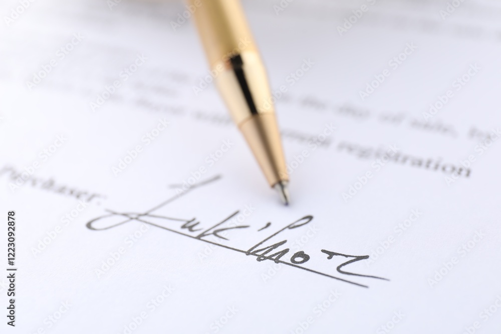 Signature and pen on paperwork, closeup view Signature and pen on paperwork, closeup view