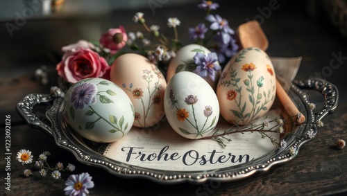 Floral Easter Eggs Display. Beautifully hand-painted Easter eggs with botanical designs arranged on antique silver tray with fresh flowers and 