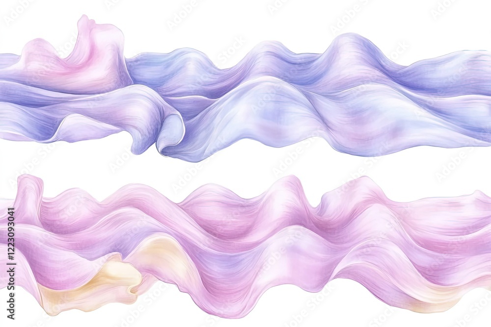 Soft, flowing pastel fabric waves in lavender and pink hues, creating a serene background effect Soft, flowing pastel fabric waves in lavender and pink hues, creating a serene background effect