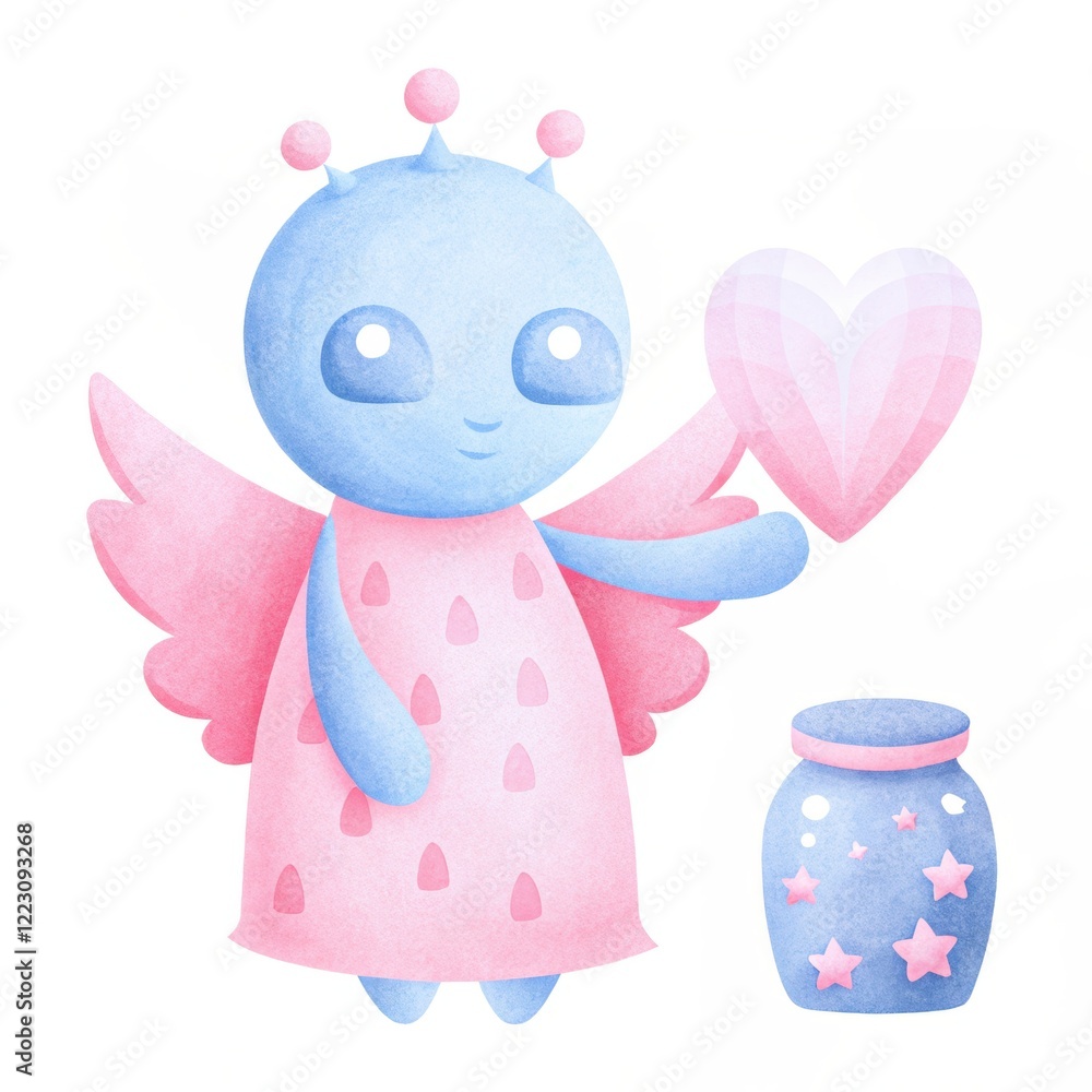 Valentine Aliens Cherub. Cute pastel character with wings holding a heart near a jar, evoking a whimsical, magical vibe. Valentine Aliens Cherub. Cute pastel character with wings holding a heart near a jar, evoking a whimsical, magical vibe.