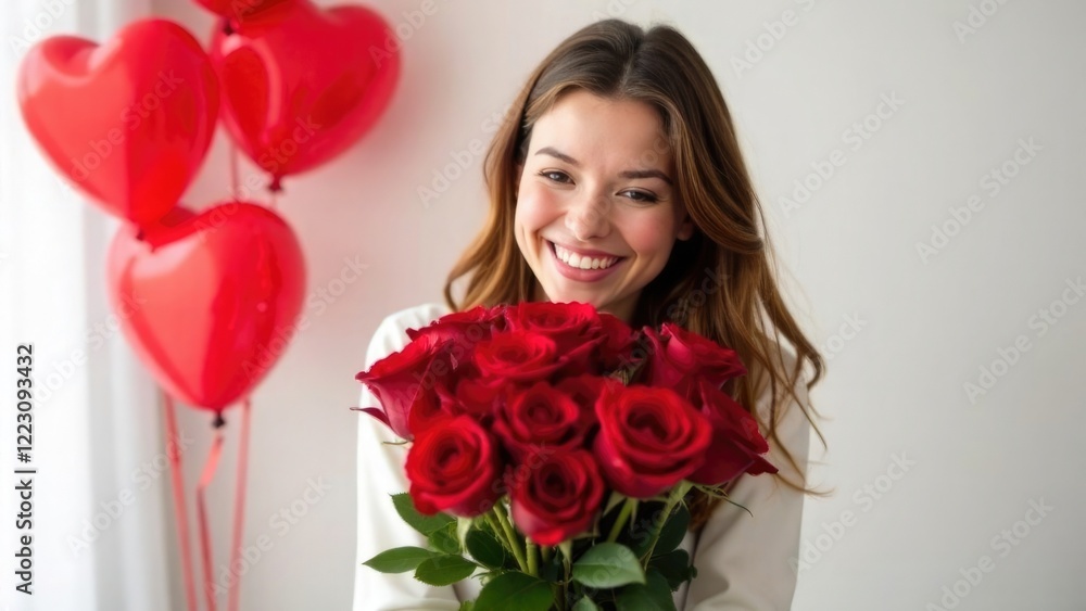Happy girl hugging bouquet of red roses against background of heart-shaped balloons in apartment. Valentine's day, women's day, bouquet and flower delivery, flower gifts, business, romance services Happy girl hugging bouquet of red roses against background of heart-shaped balloons in apartment. Valentine's day, women's day, bouquet and flower delivery, flower gifts, business, romance services