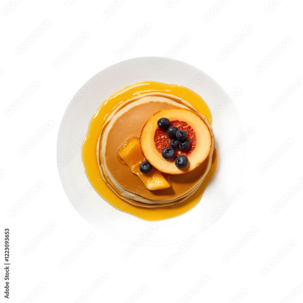 Pancakes with honey and fruits on white plate isolated on transparent background. Breakfast food Pancakes with honey and fruits on white plate isolated on transparent background. Breakfast food