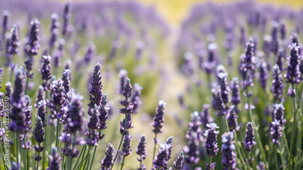 Obraz premium Aromatic fields of lavender in sunlight with soft focus background, lavender field, rolling hills