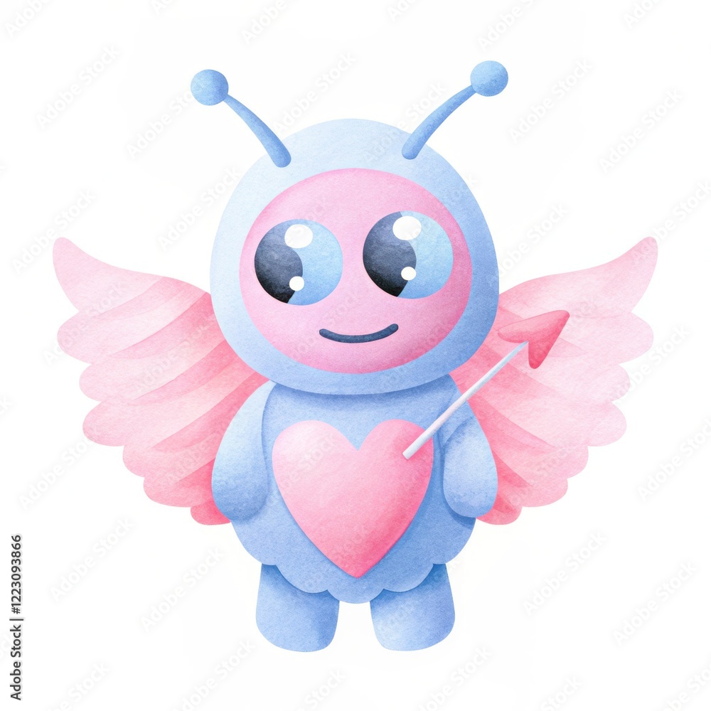 Valentine Aliens Cherub. Cute, pastel-colored character with wings, holding a heart and arrow, symbolizing love and affection. Valentine Aliens Cherub. Cute, pastel-colored character with wings, holding a heart and arrow, symbolizing love and affection.