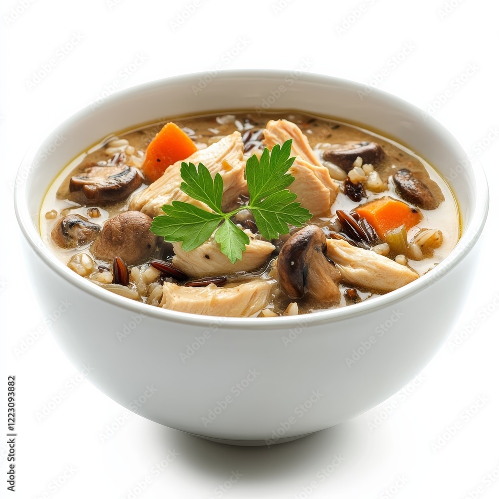 A bowl of hearty chicken and wild rice soup with mushrooms, isolated white background, minimalist art style A bowl of hearty chicken and wild rice soup with mushrooms, isolated white background, minimalist art style