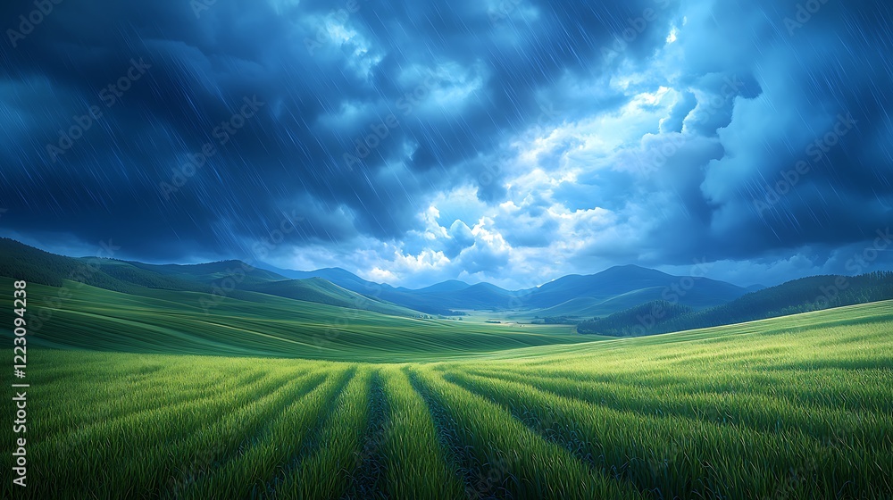 Obraz premium Serene night scene above rolling green hills under a dramatic, starlit sky. Dark blue clouds contrast with the vibrant green landscape