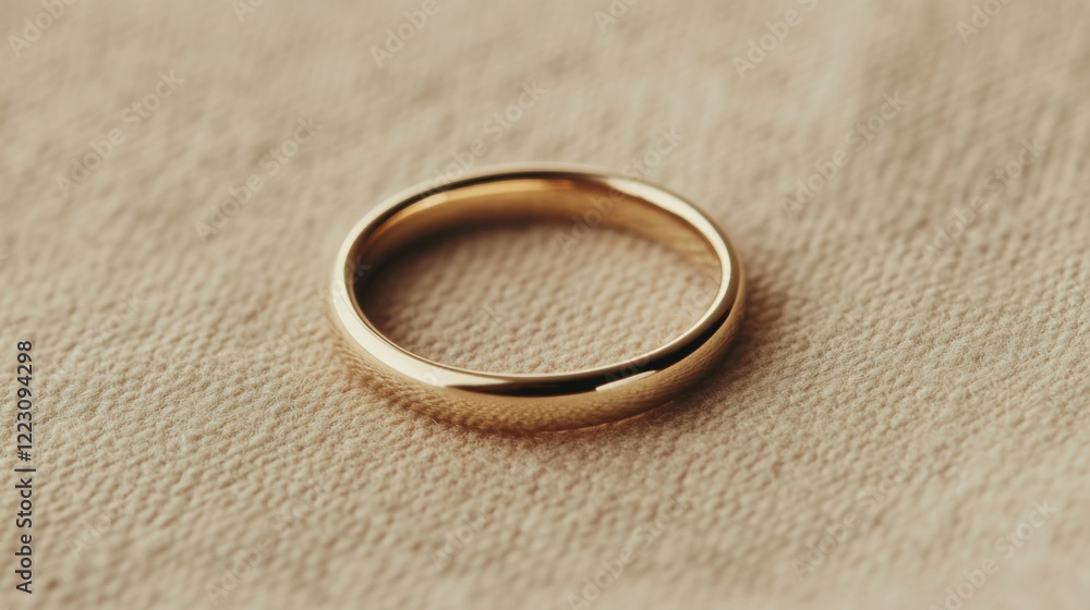 Simple gold wedding band on beige fabric. Simple gold wedding band on beige fabric.