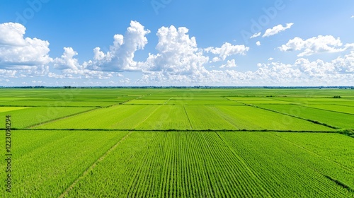 Breathtaking green field under a clear blue sky with fluffy white clouds  perfect nature landscape