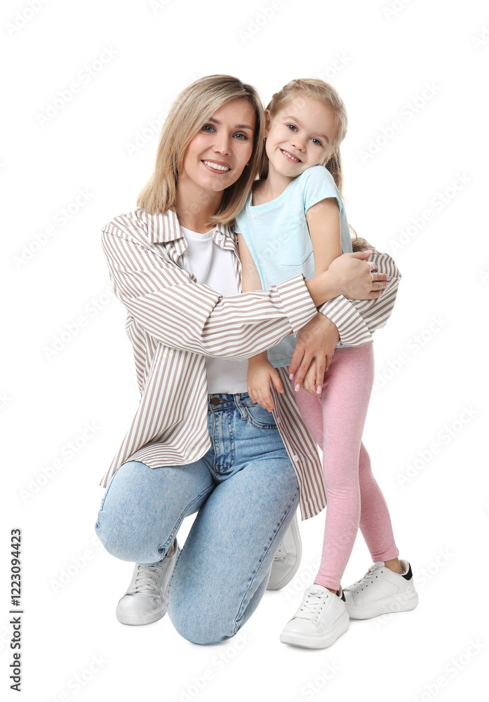 Happy mother with her cute little daughter on white background