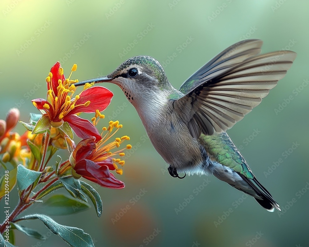 Fototapeta premium Hummingbird Feeding on Vibrant Red Flower Against Soft Green Backdrop
