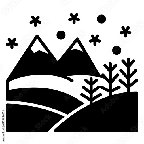 Icon of frozen tundra in winter with mountain view
