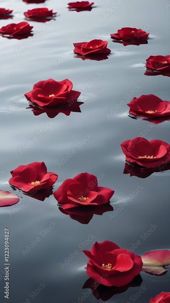Fototapeta premium A tranquil close-up of red rose petals floating on water, with soft reflections and negative space for text placement.