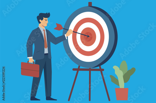 Achieving business targets. Businessman with briefcase aiming an arrow at the center of a target. Focus, goals, and success in business concept.