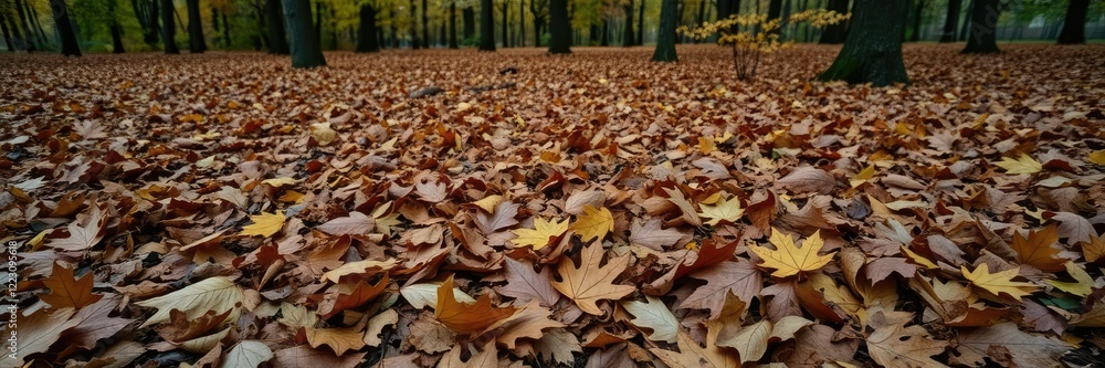 Autumn leaves scattered on a forest floor, rust, canopy Autumn leaves scattered on a forest floor, rust, canopy