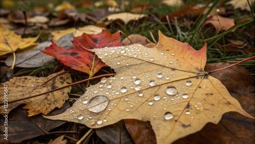 autumn leaves with water drops on a leaf, water spots, reflection, forest floor, leafy landscape photo