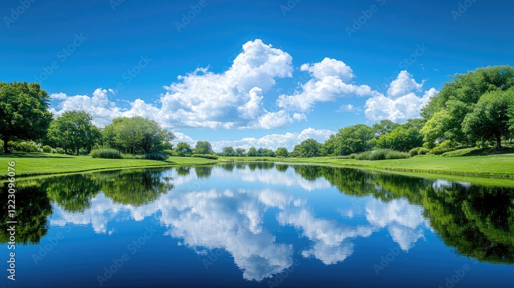 Fototapeta premium Lush green trees line a calm river reflecting fluffy white clouds under a bright blue sky.