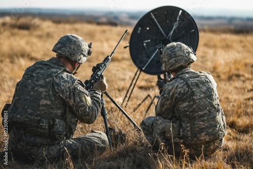 Soldiers establishing satellite communication in remote terrain for enhanced connectivity photo