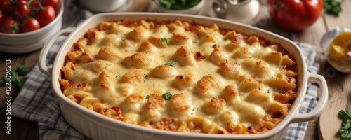 Baked pasta gratin with a rich, creamy cheese sauce , baked dish, cheesy sauce, creamy photo