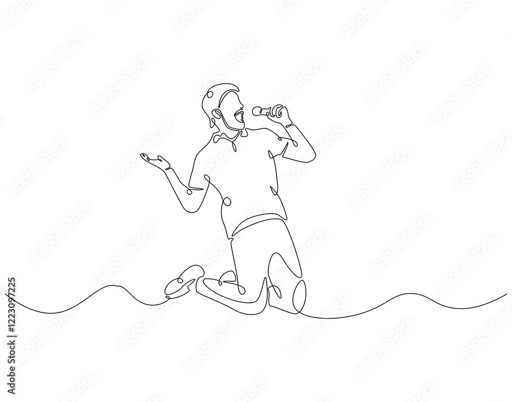 Continuous one line drawing of singer jump and holding microphone. One line drawing illustration of man singing and jump. Musician perfomance concept single line. Editable outline Continuous one line drawing of singer jump and holding microphone. One line drawing illustration of man singing and jump. Musician perfomance concept single line. Editable outline