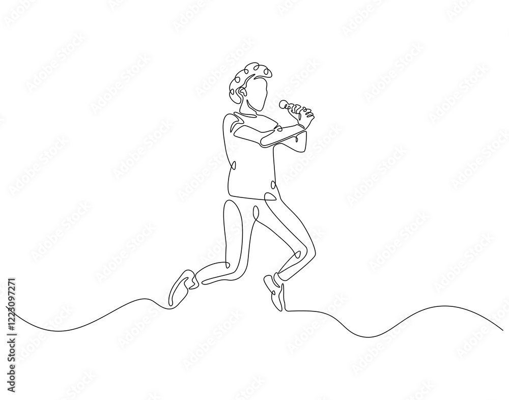 Continuous one line drawing of singer jump and holding microphone. One line drawing illustration of man singing and jump. Musician perfomance concept single line. Editable outline