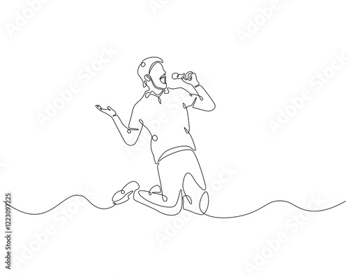 Continuous one line drawing of singer jump and holding microphone. One line drawing illustration of man singing and jump. Musician perfomance concept single line. Editable outline