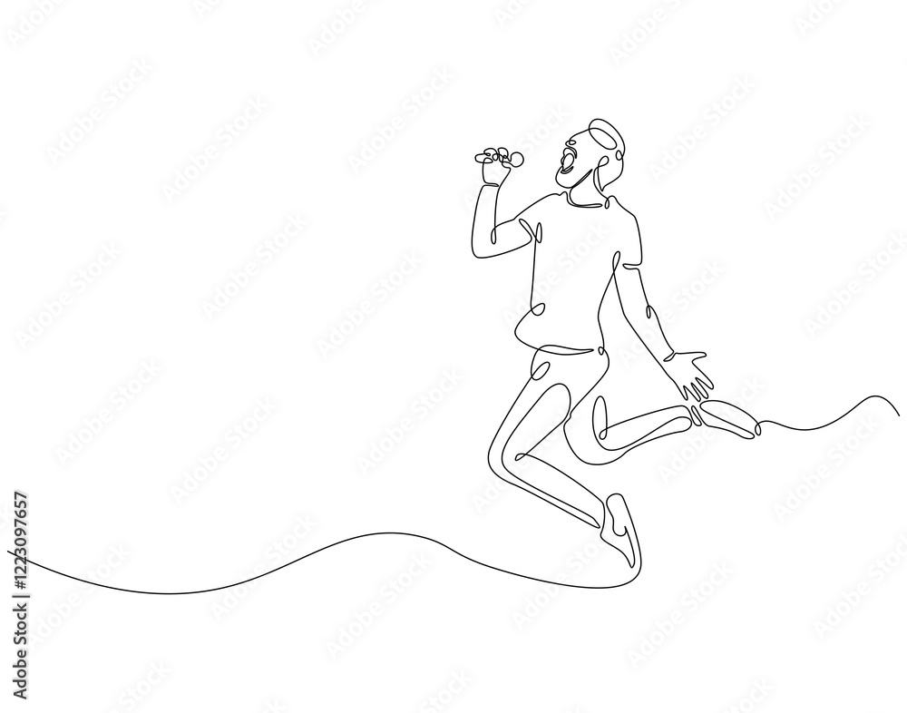 Continuous one line drawing of singer jump and holding microphone. One line drawing illustration of man singing and jump. Musician perfomance concept single line. Editable outline
