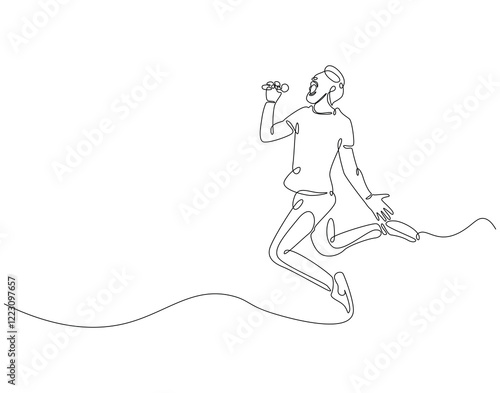 Continuous one line drawing of singer jump and holding microphone. One line drawing illustration of man singing and jump. Musician perfomance concept single line. Editable outline