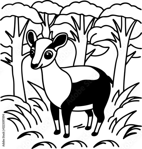 deer in a forest, black and white illustration, nature scene, wildlife art, children's coloring page