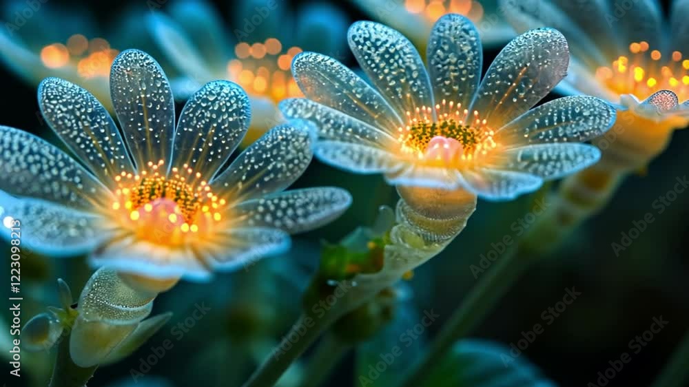 A close-up of glowing flowers with intricate details and soft lighting footage A close-up of glowing flowers with intricate details and soft lighting footage