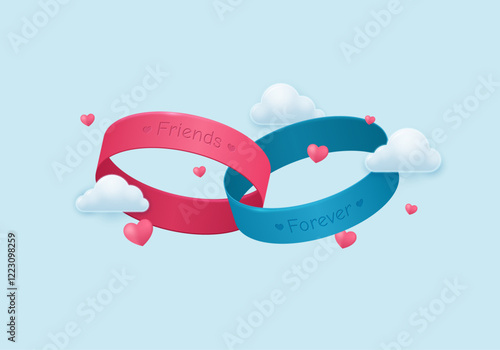 Happy Best Friends Day. Elastic bracelets and hearts with clouds on a light background. Vector 3D illustration.