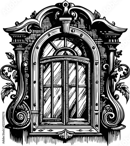 Ornate vintage window frame in detailed black and white design, classic architectural elements, antique style illustration
