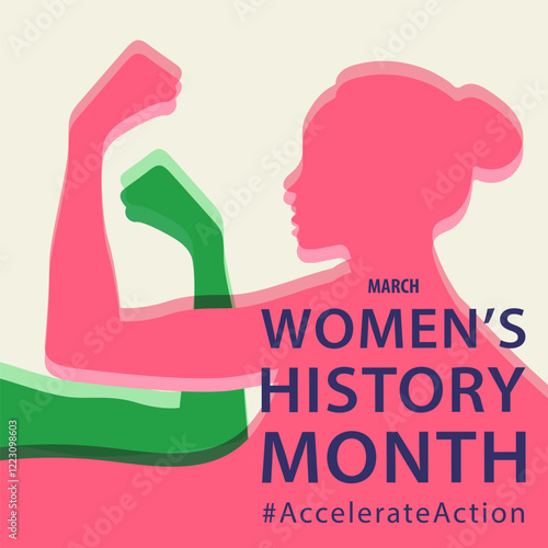 Women's History Month March. Campaign 2025 AccelerateAction. Female hand showing strength in their hand. Flat vector illustration