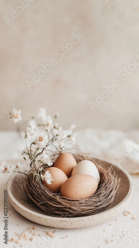 Happy Easter concept with easter eggs in nest and spring flowers. Easter background with copy space