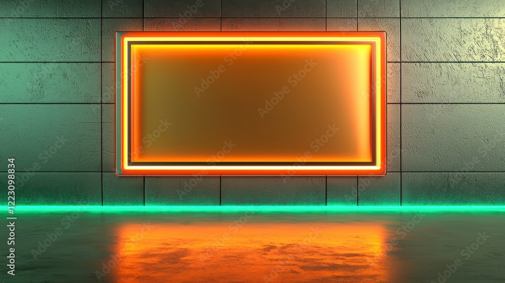 Vibrant Neon Frame on Grungy Wall with Reflective Floor for Modern Digital Backgrounds and Creative Designs Vibrant Neon Frame on Grungy Wall with Reflective Floor for Modern Digital Backgrounds and Creative Designs