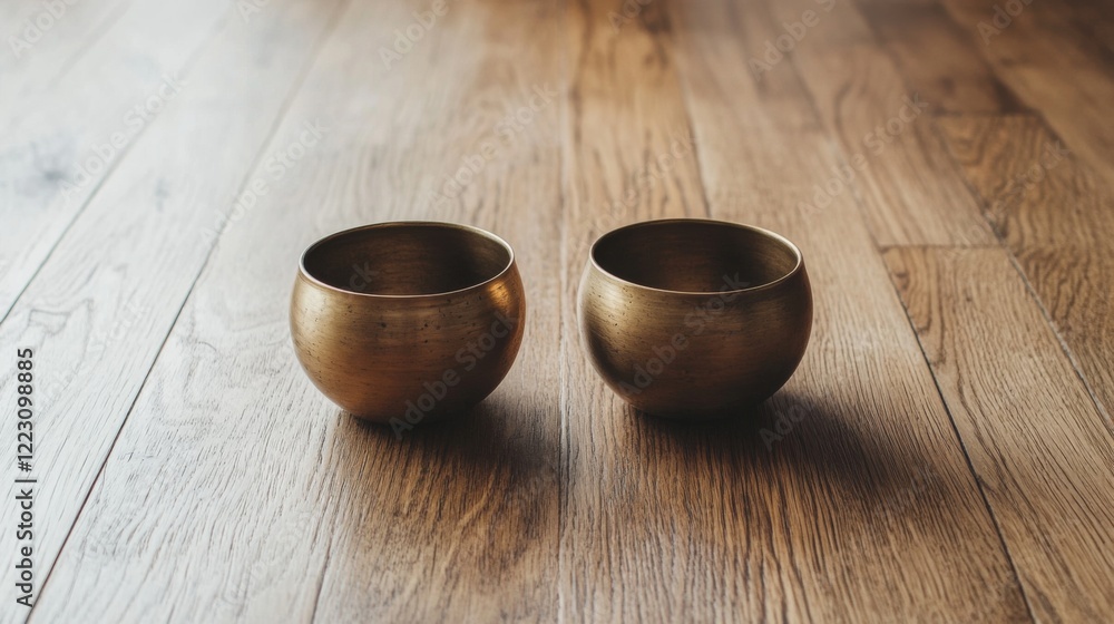 Two antique golden bowls on wooden floor. Two antique golden bowls on wooden floor.