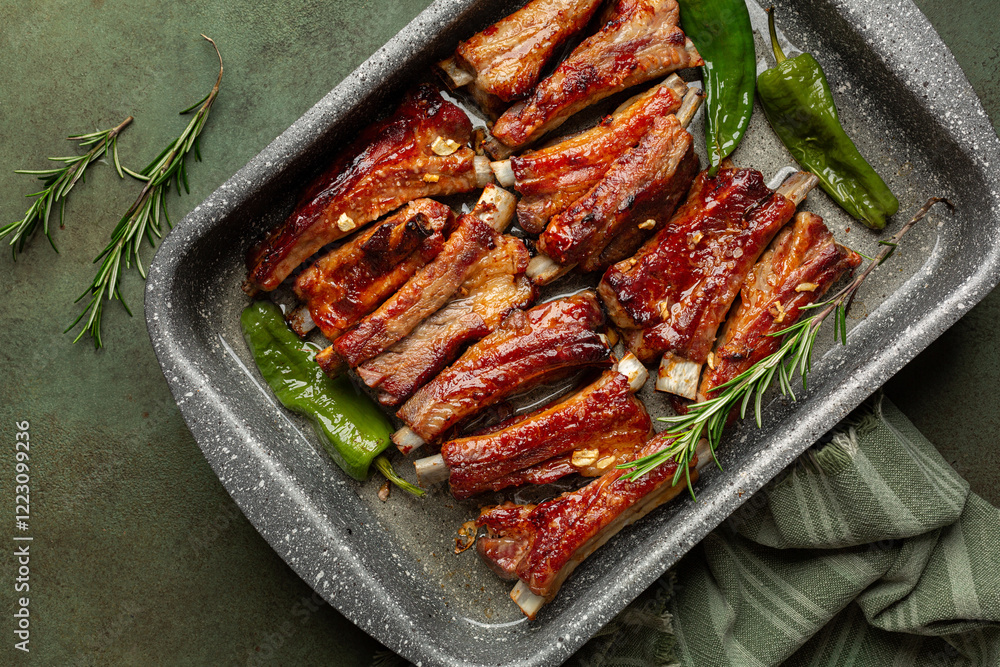 Honey and Soy Sauce oven Braised Pork Ribs with garlic and geanger in casserole. Top view. Honey and Soy Sauce oven Braised Pork Ribs with garlic and geanger in casserole. Top view.