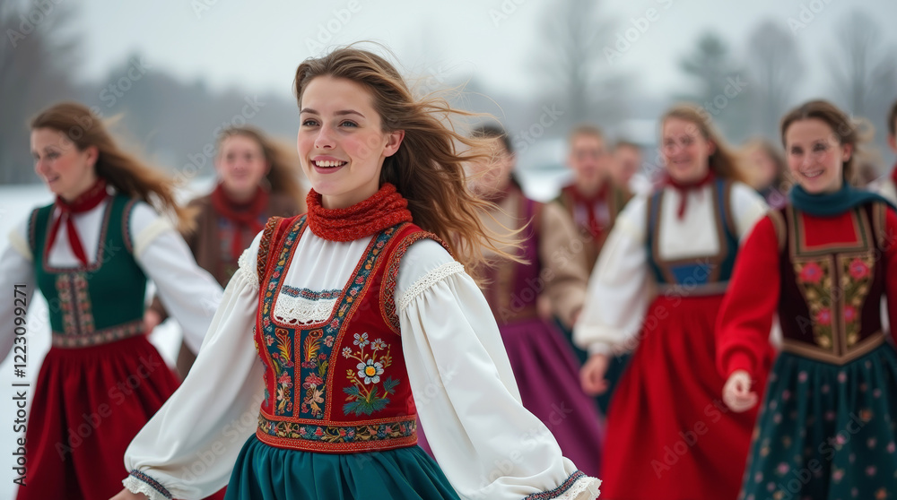 Fototapeta premium Slavic cultural celebration with women dancing a round dance in winter. The image focuses on the colorful national costumes of women performing a joyful circle dance
